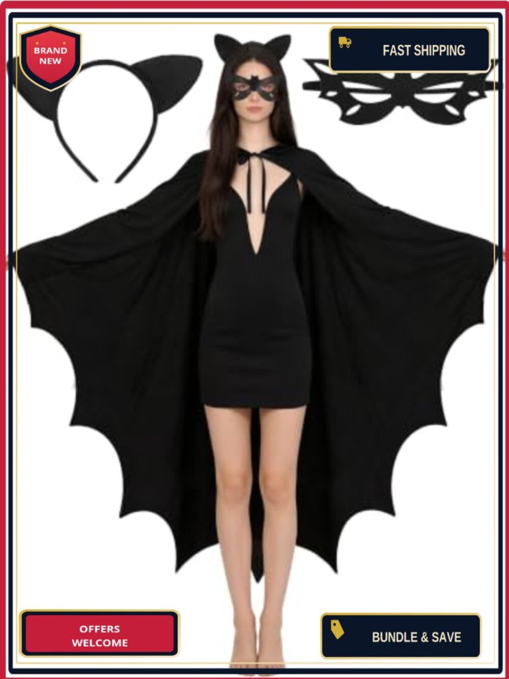 Bat Wings Hooded Cape Eye Mask Headband Set Adult Halloween Cosplay Costume